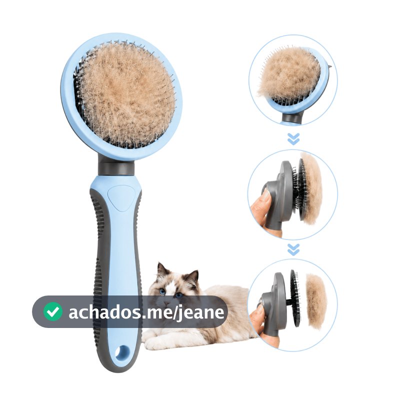 Escova Rasqueadeira Petyc Cães Gatos Desembaraça Tira Pelos Nós Autolimpante Emborrachada Cerdas Aço Inox Botão Ejetor