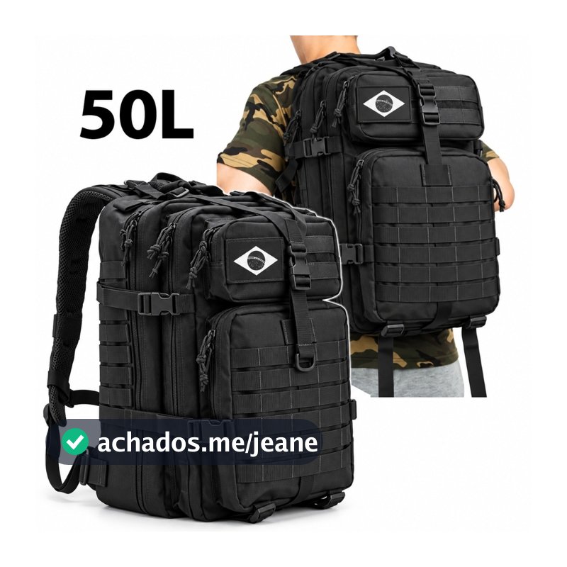 Mochila Tática Militar 50L Impermeável Reforçada  • MOLLE • Patch Bandeira BR