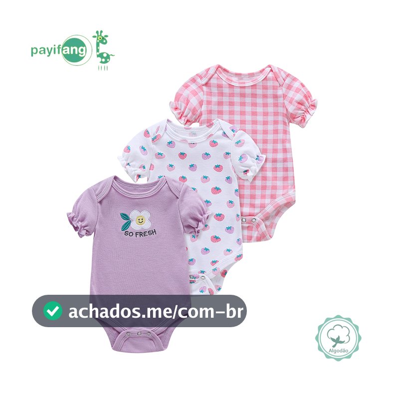 Kit 3 Body de Bebê Menina Manga Bufante 60% Algodão 40% Poliéster Morango Macio Verão TM-3075