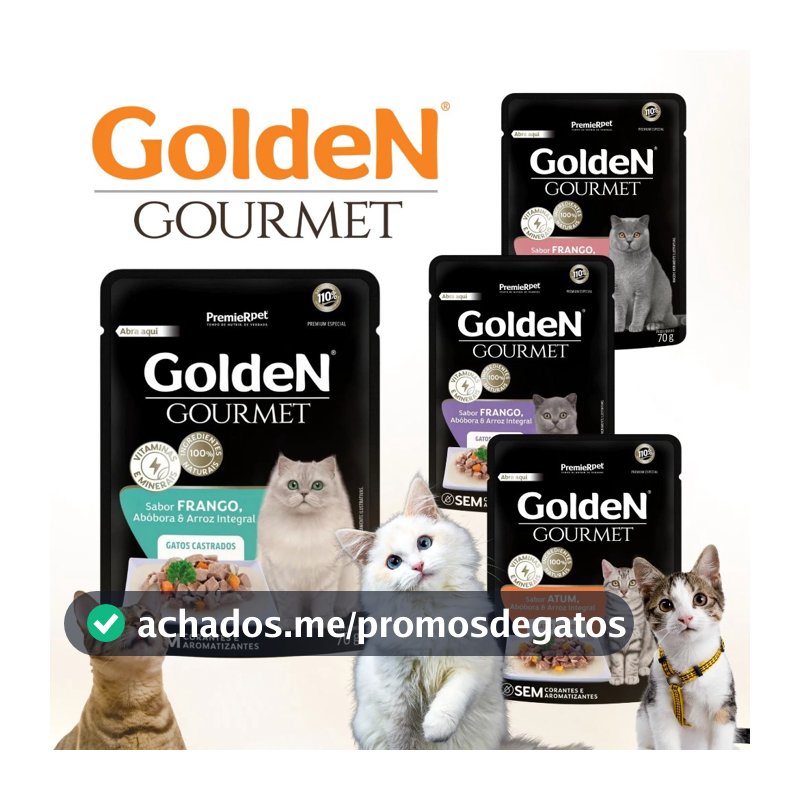 10 Sachês Golden Gourmet Gatos Castrados, Adultos e Filhote sabores Carne, Frango e Atum 70g