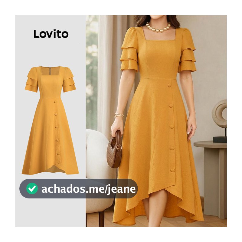 Lovito Vestido Elegante de Verão com Botão Duplo de Camadas e Babado Amarelo para mulheres LK6LD416