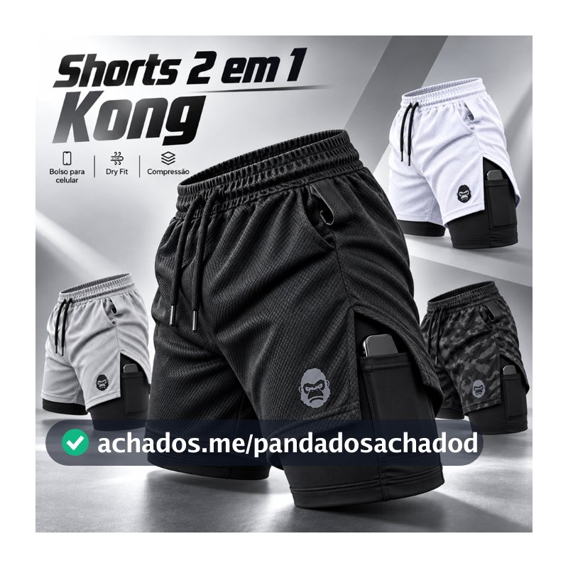 Shorts Masculino 2 em 1 Dry Fit Academia Corrida Bermuda de Compressão com Bolso Celular Kong