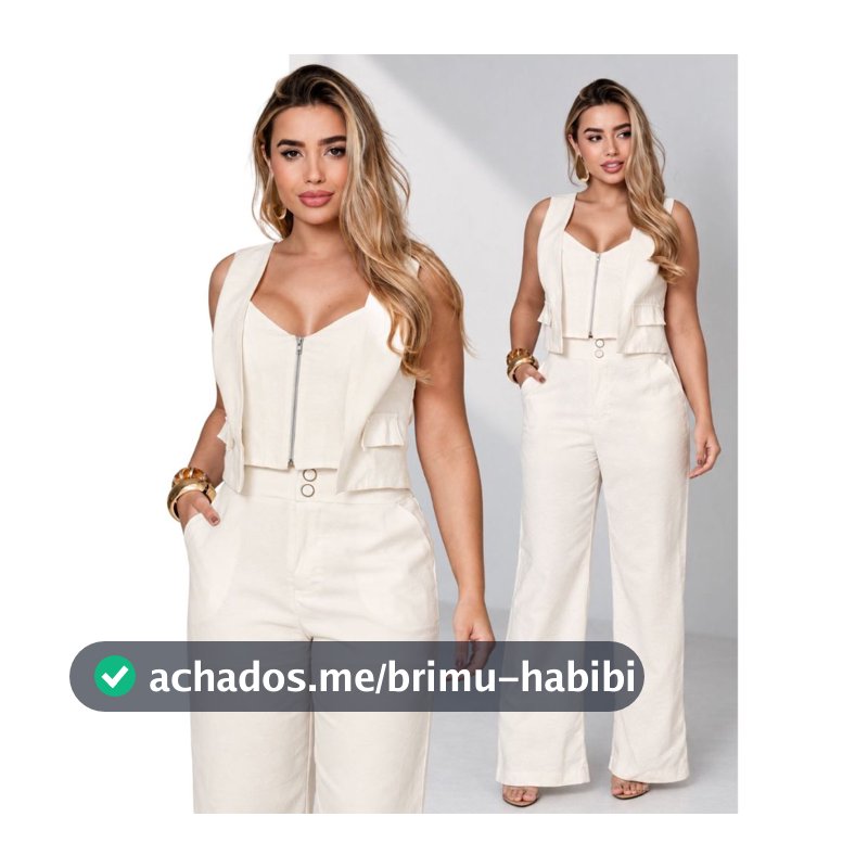 Conjunto Feminino 2 Peças Colete Duplo Curto Decote Coração com Zíper e Calça Pantalona Alfaiataria Cintura Alta