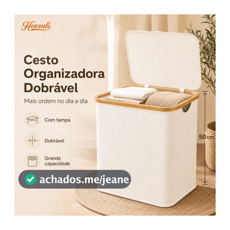 Cesto Organizador Heemli com Tampa de Bambu Dobrável para Lavanderia Sala Banheiro