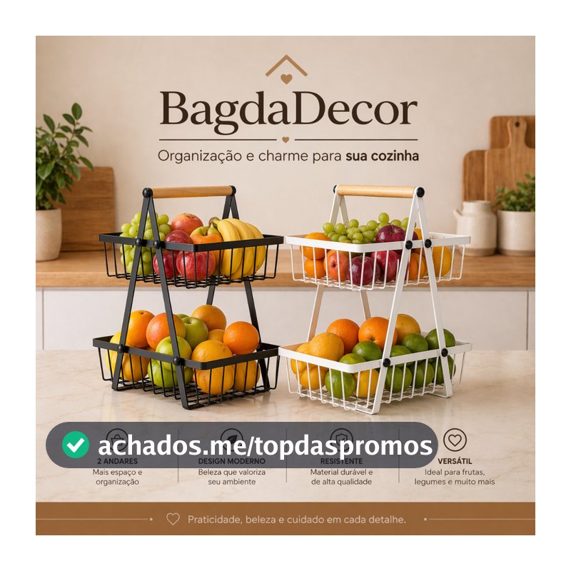 Fruteira Aramada de Ferro com Bambu 2 Andares | Multiuso Elegante para Cozinha e Bancada Premium!