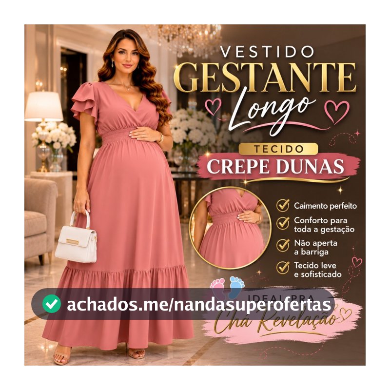 Vestido Gestante Longo Feminino Crepe Dunas Chá Revelação Ensaio Gestante Elegante Confortável Moda Evangélica Prem