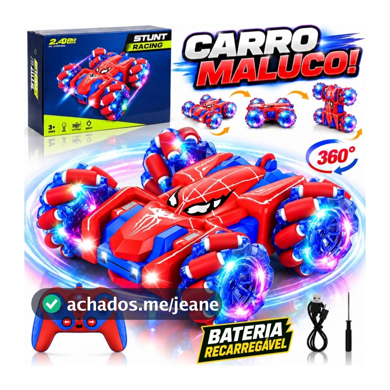 Carrinho de Controle Remoto Maluco Recarregável Gira 360 Drift Luz Menino Menina