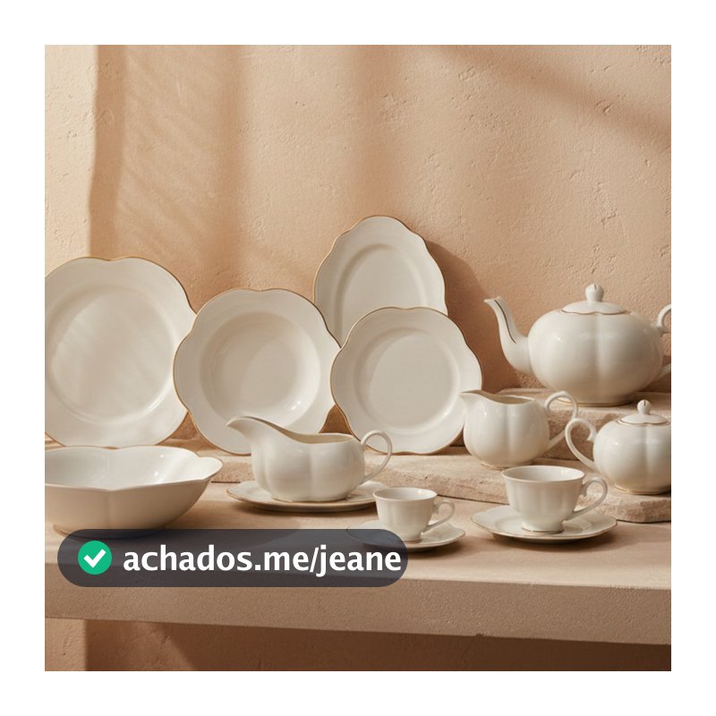 Aparelho de jantar Camélia em new bone china branco com filado dourado 49 peças