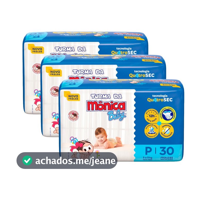 Kit 3 Fralda Turma da Mônica Baby Mega Tamanho P 30 Unidades Descartáveis