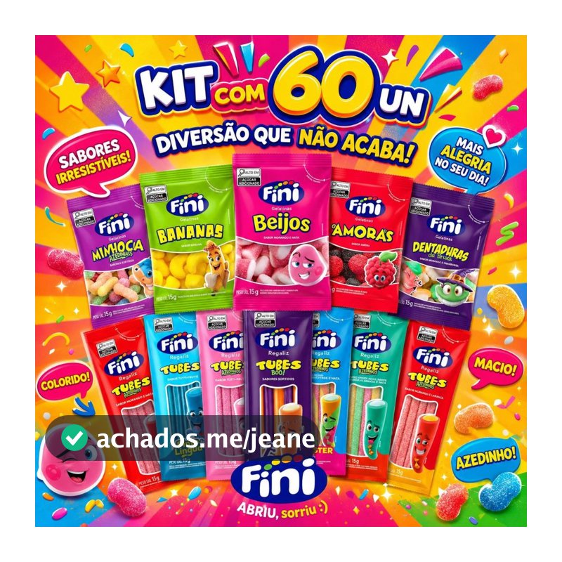 Kit 60 Fini Balas Gelatinas Tubes Sabores Variados Azedinhas Cítricas 15g