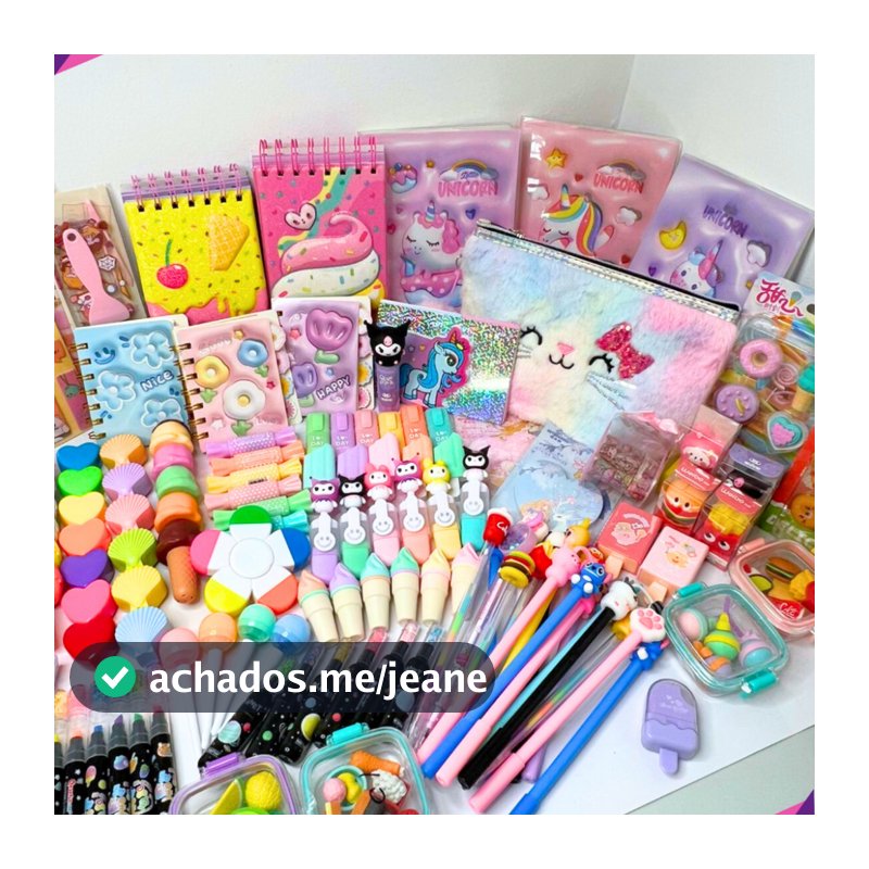 Kit Papelaria Fofa Kawaii caixa com 15 Itens Presente Criativo Marca texto canetas fofas estojo caderno adesivos post it