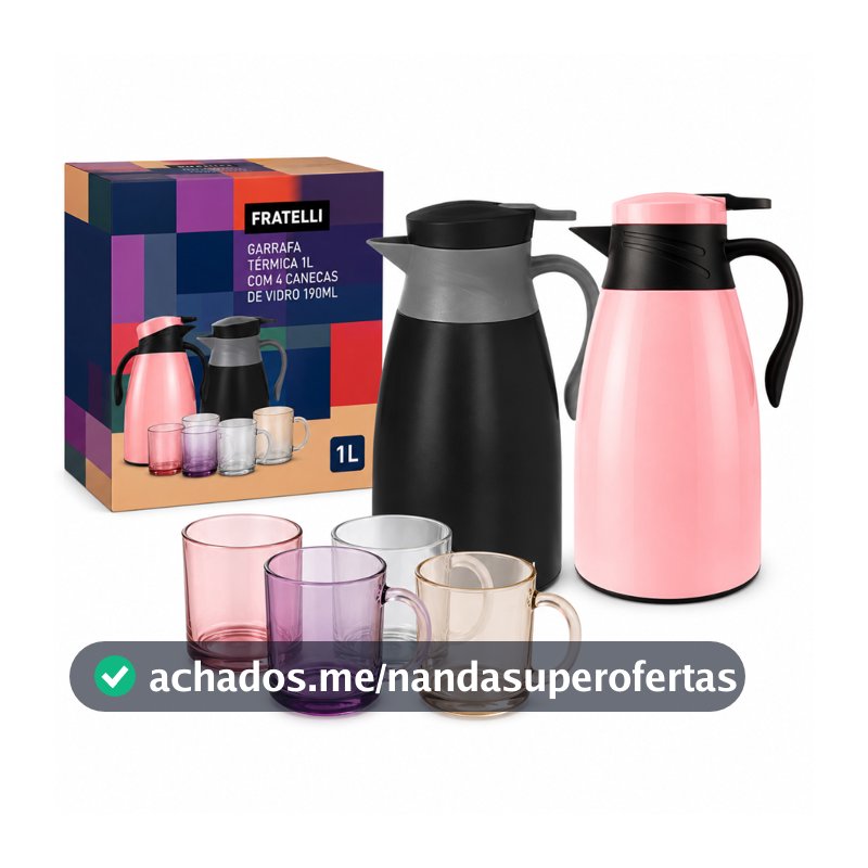 Garrafa Térmica 1Litro Preta ou Rosa com 4Canecas Vidro 190ML Reforçada Segura Temperatura Resistente