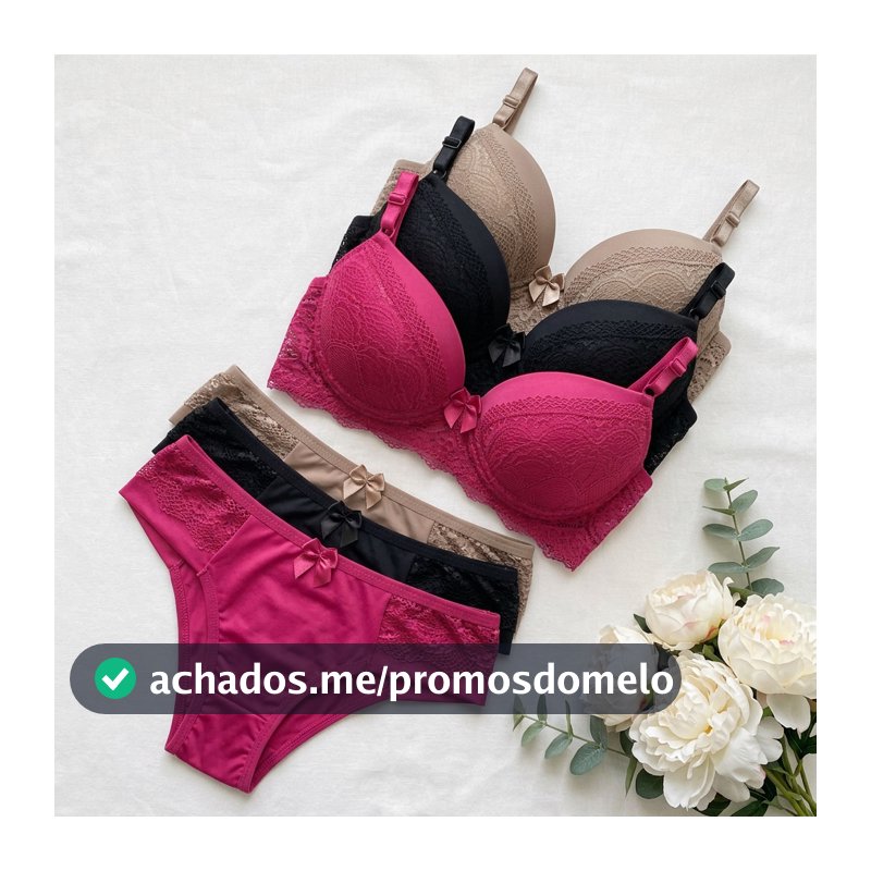 Kit 3 Conjunto Lingerie Feminina Sutiã Com Bojo e Calcinha Rendado Confortável Delicado