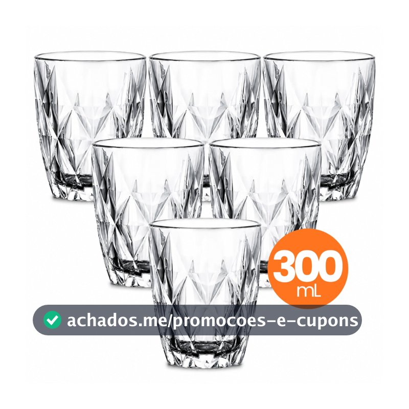 Jogo 6 Copo Vidro Diamond 300ml Conjunto Mesa Posta Água Suco Cozinha Decoração Presente