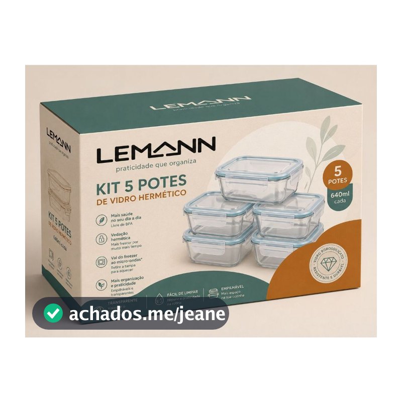 Kit 5 Potes De Vidro 640ml Marmita Hermético Borossilicato Freezer Fitness Forno Micro-ondas