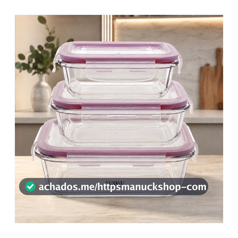 Kit 3 Potes De Vidro Herméticos com Trava para Alimentos Refratário