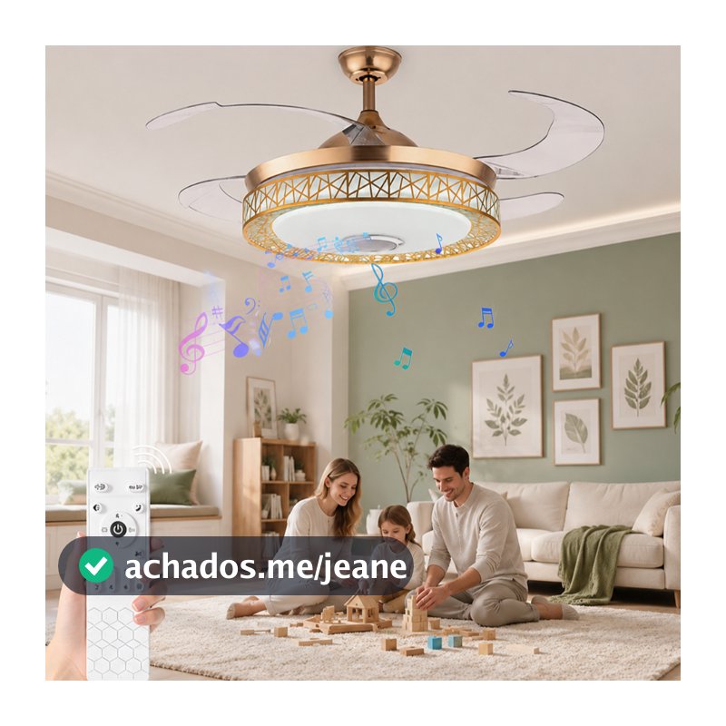 Ventilador de Teto Retrátil LED 108CM Dourado com Controle Remoto 3 Cores Função Música 110V/220V