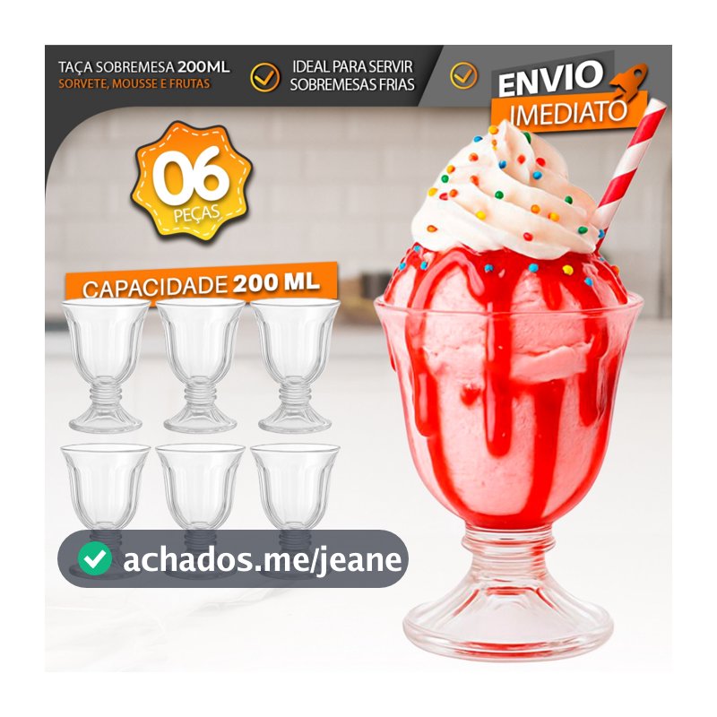Taças de Sobremesa 6 peças em Vidro 200ml - taça Sorvete, Mousse e Frutas