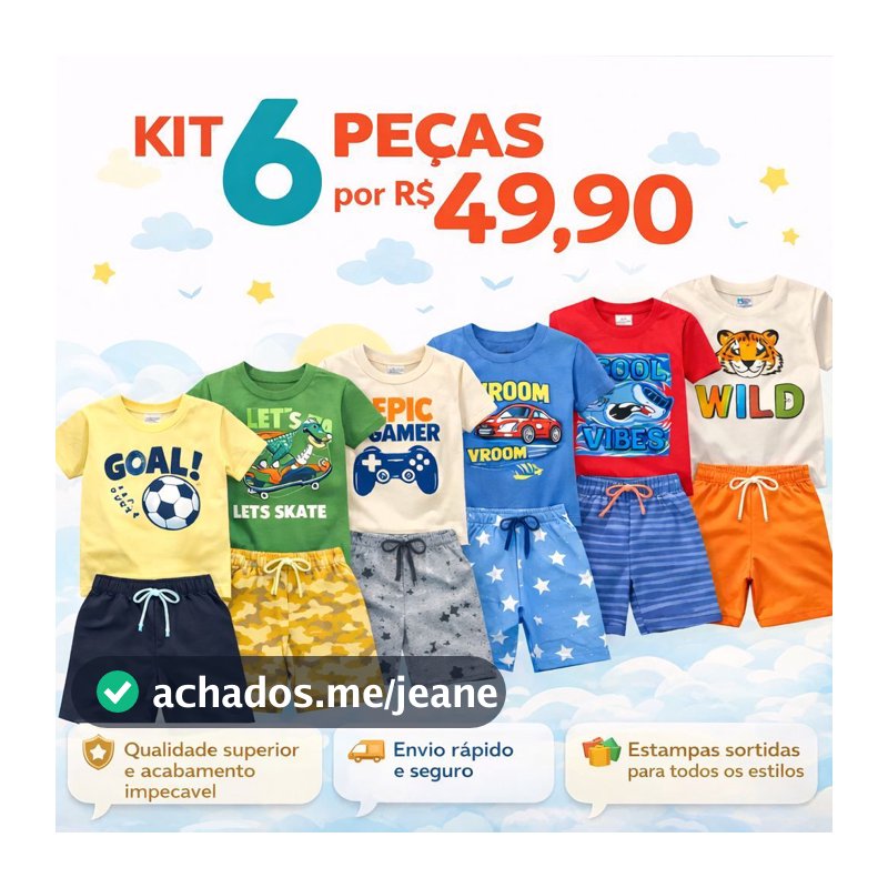 Kit Sortido 6 Peças de Roupas Infantil Menino Verão Conjunto Tam. de 01 ao 06
