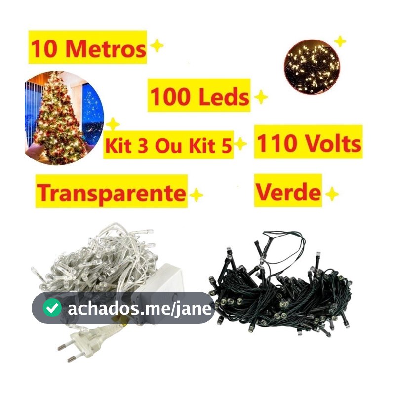 Kit 5 Ou 3 Caixa 100 Leds Pisca Fio Verde Ou Transparente 8 Funções 10M 110V Natalino Multicolorido
