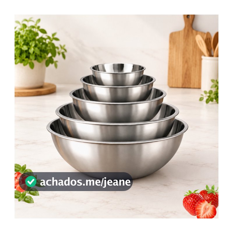Jogo De 5 Tigelas Bowl Inox Multiuso Com Medição Empilhável 14cm 16cm 20cm 22cm 24cm Cozinha