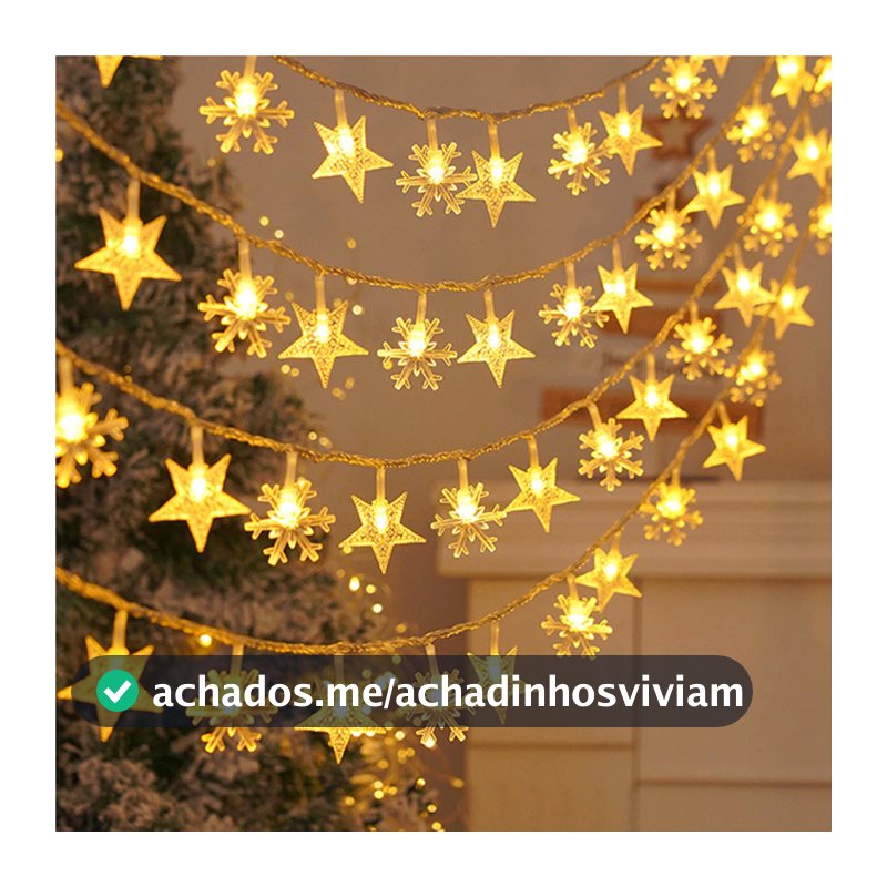 Cordão de Luzes de Natal com Controle Remoto e Porta USB, Estrelas e Flocos de Neve, 3M 20 LEDs ou 6M 40 LEDs, 8 Funções
