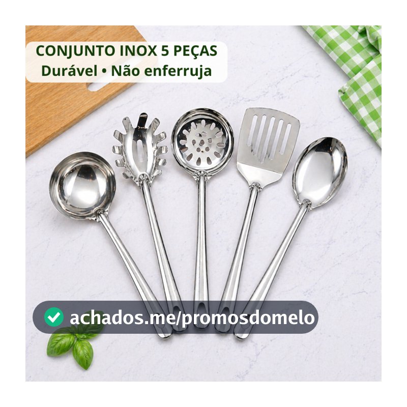 Kit Conjunto Inox 5 Peças, Colher de Arroz, Concha, Pegador de Massas, Escumadeira, Espátula Vazada