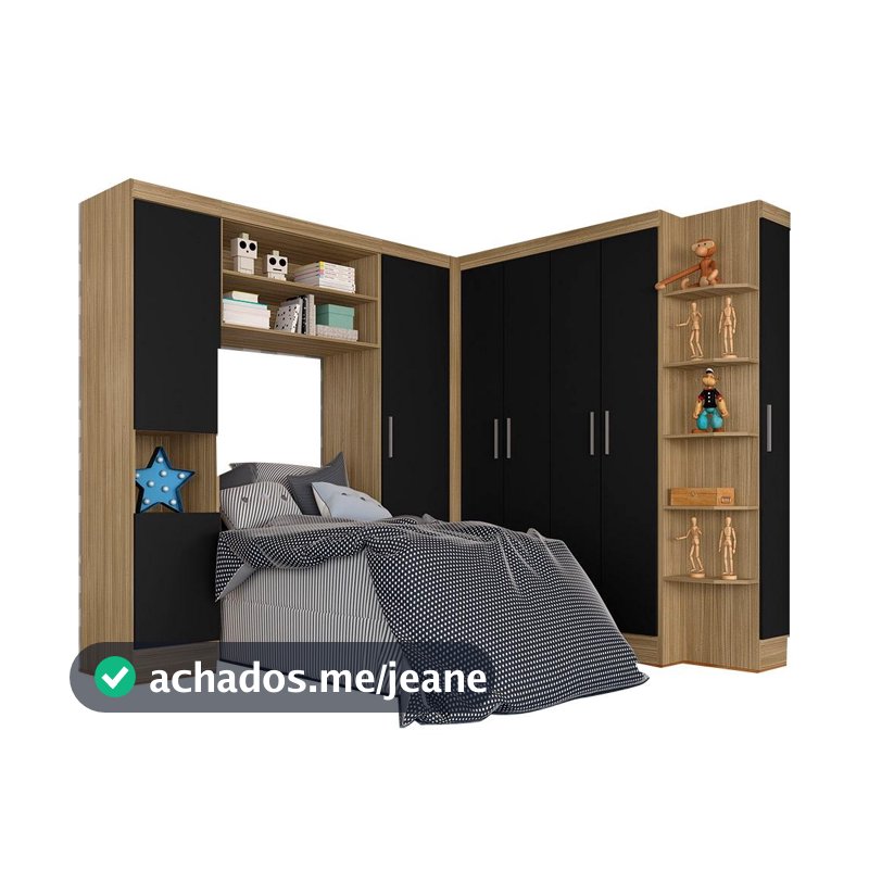Guarda Roupa Modulado Com Espaço para Cama Solteiro Andrea Boreal/Preto - Móveis Arapongas