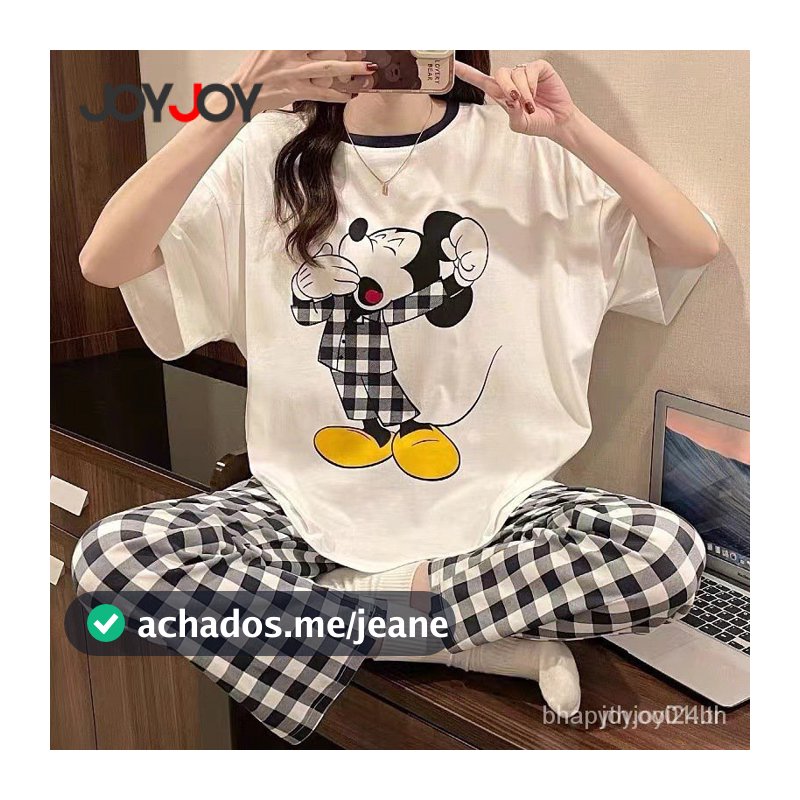 Joyjoy Pijama Feminino Cartoon–Verão Casual com Manga Curta e Calça Xadrez Confortável, Conjunto de Roupas de Sala Fofo