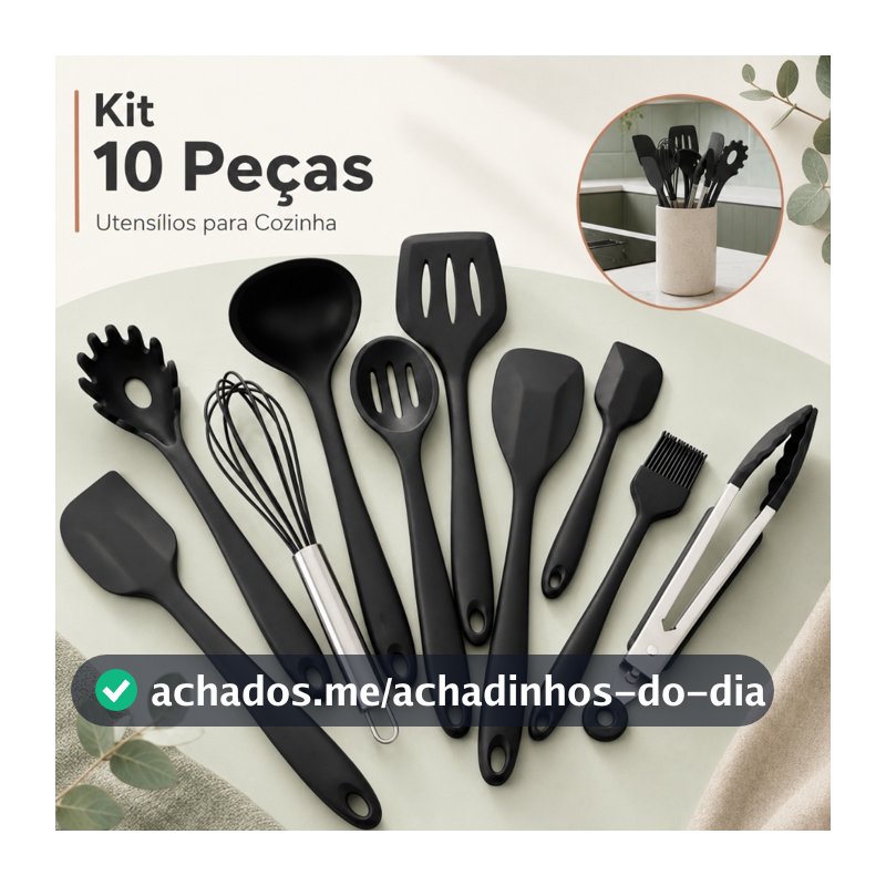 Kit 10 Peças Conjunto Utensílios Cozinha Silicone Inox Jogo Colheres Pegador Concha Preto Vermelho