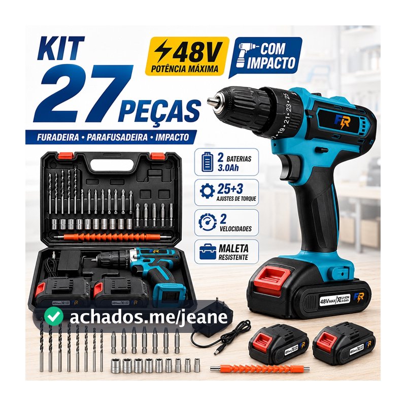 Parafusadeira Furadeira de Impacto 48V Sem Fio Kit 27 Peças com Maleta e Acessórios