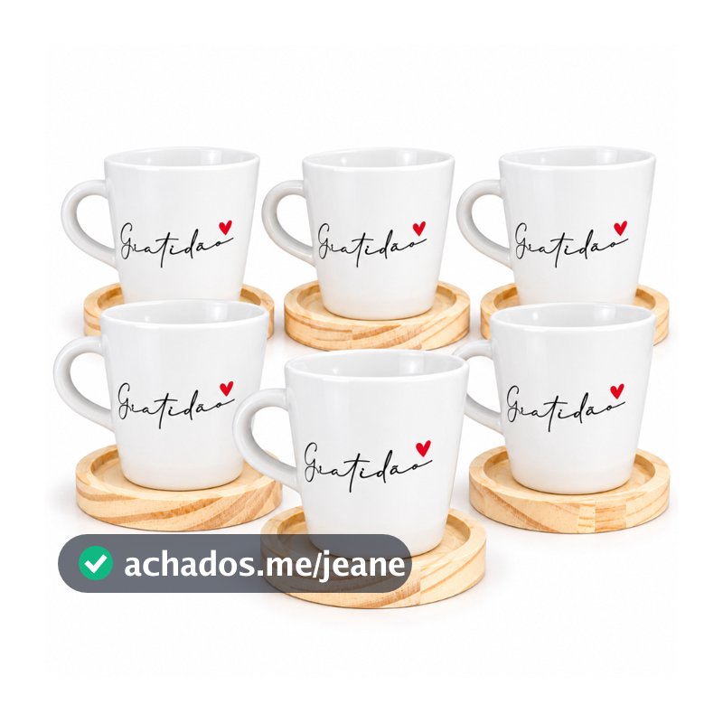 Kit 6 Xicaras / Canecas Porcelana Branco 120ml C/ Pires De Madeira Redondo Gratidão Spot