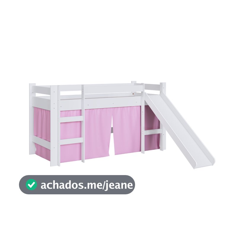 Cama Infantil com Escorregador Elevada Branco com Cortina Rosa - Completa Móveis