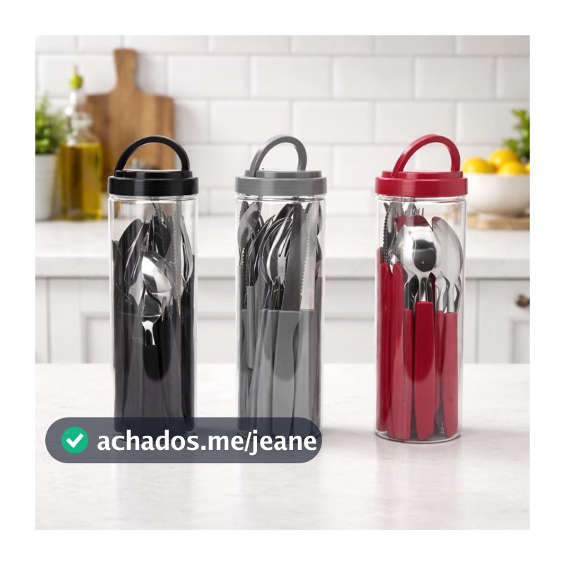 Jogo de Talheres Idee Home Inox 25 Peças - Garfo, Faca e Colher + Porta Talheres Plástico Organizador - Para Casa, Mesa