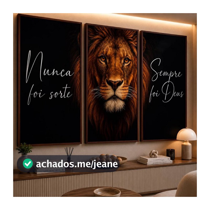 Kit 3 Quadros Decorativos Leão de Judá Frase Nunca Foi Sorte Mosaico Sala Quarto Escritório Hall
