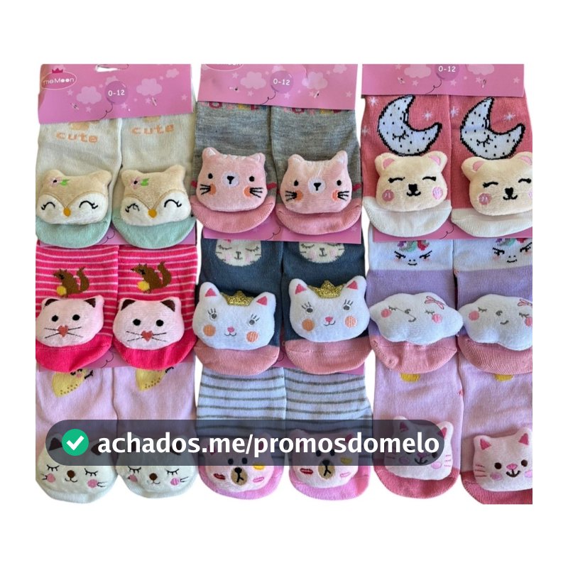 Kit 3, 5 ou 6 Pares Meia Infantil 3D Chocalho Antiderrapante Bichinho Menina E Menino