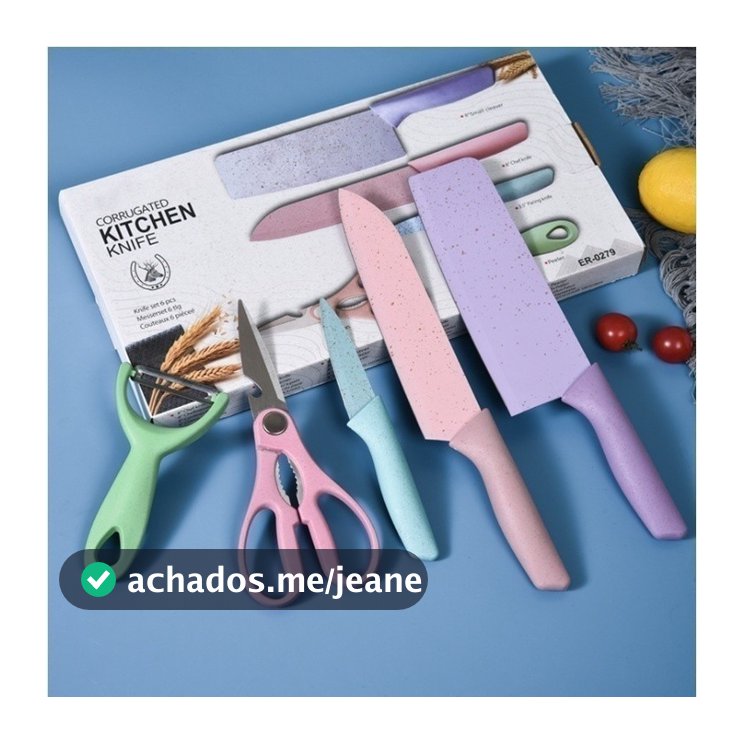 Kit Facas Coloridas Inox 6 Peças Chef Cutelo Faca de Pão Faca de Frutas Descascador Tesoura Cozinha Profissional