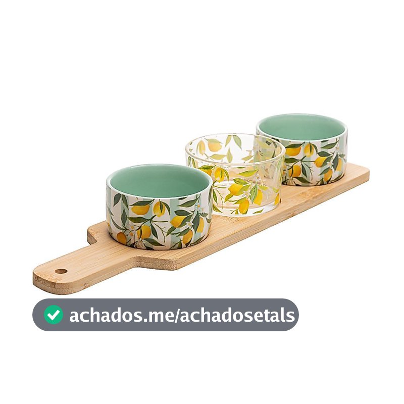 Conjunto 4 Peças para Servir Siciliano Bambu Lyor com 3 Petisqueiras e Bandeja para Molhos Petiscos Mesas Posta Charmosa
