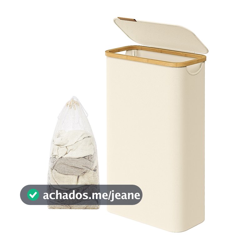 SONGMICS Cesto de roupa suja dobrável, organizador de lavanderia com tampa, alça de bambu, tecido Oxford, banheiro, 65L
