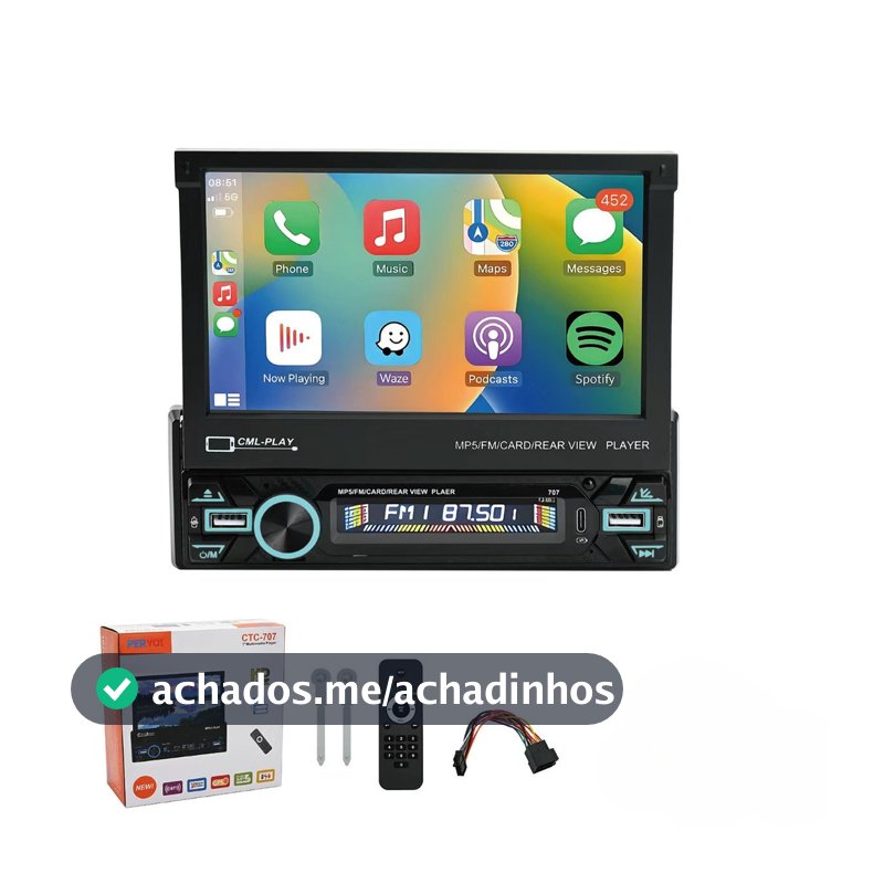Central Multimídia 1 DIN 7” Retrátil Bluetooth GPS USB Câmera de Ré MP5 CarPlay  jehnny