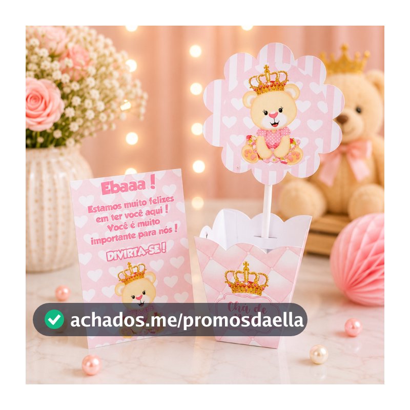 Cachepô + Plaquinhas URSINHA PRINCESA - Centro de mesa decoração chá de bebê