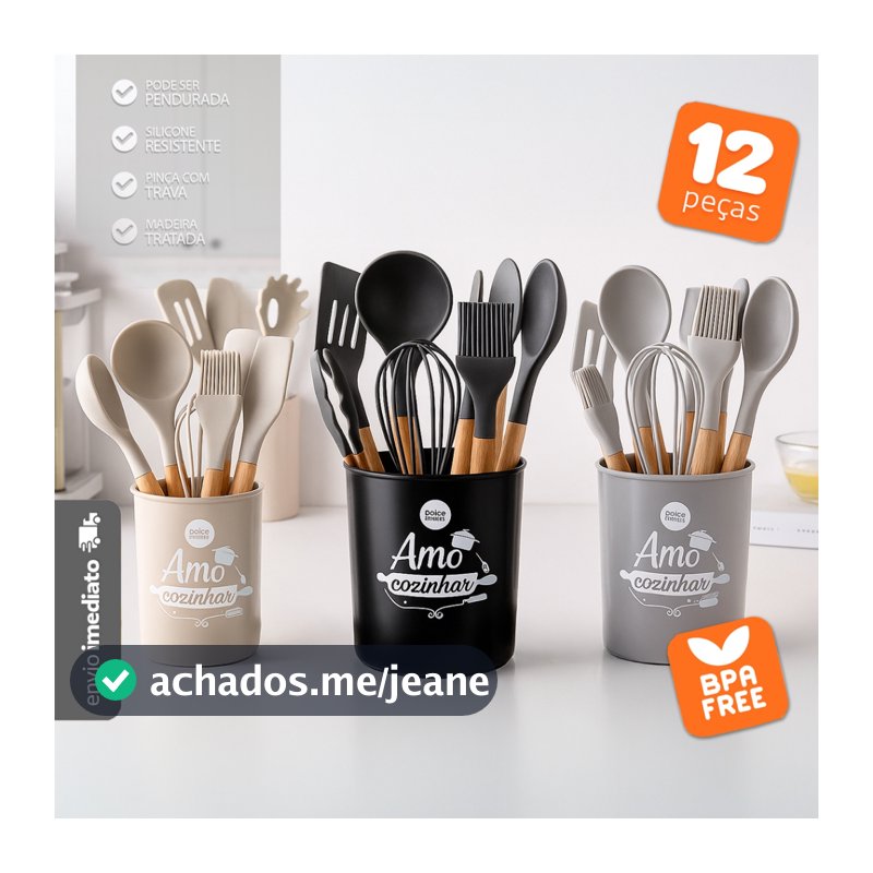 Jogo 12 Peças Utensílios Silicone Cabo Madeira Fouet Pegador - Bhz Store