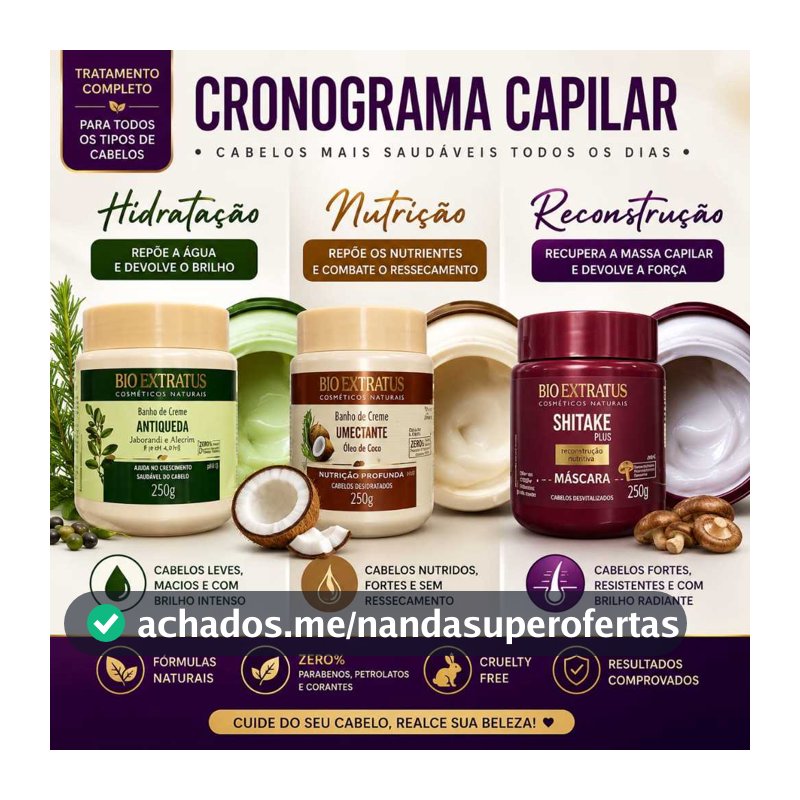 Kit Cronograma Capilar Bio Extratus Máscara Shitake 250g, Banho creme Umectante 250g Antiqueda 250g