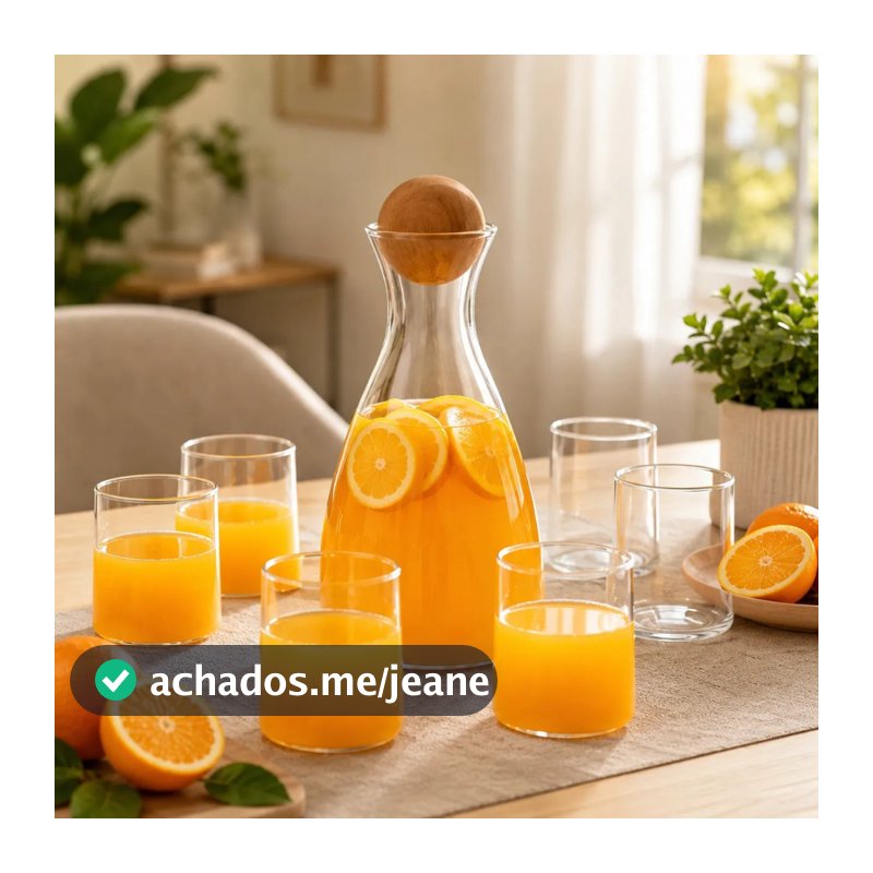 Kit Jarra De Suco e Agua De Vidro Borossilicato 1,7 Litros + 6 Copos 280ml  Com Tampa De Madeira