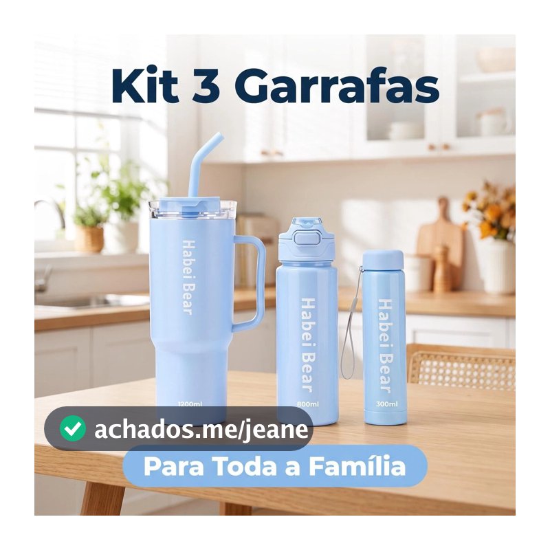 Kit 3 Garrafas Água 1.2L 800ml 300ml Squeeze BPA Free Com Canudo Para Academia