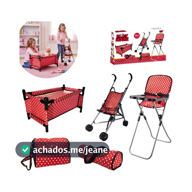 Kit Carrinho de Boneca Infantil 5 Peças Vermelho ImportWay com Cadeira, Bercinho, Mochila e Acessórios