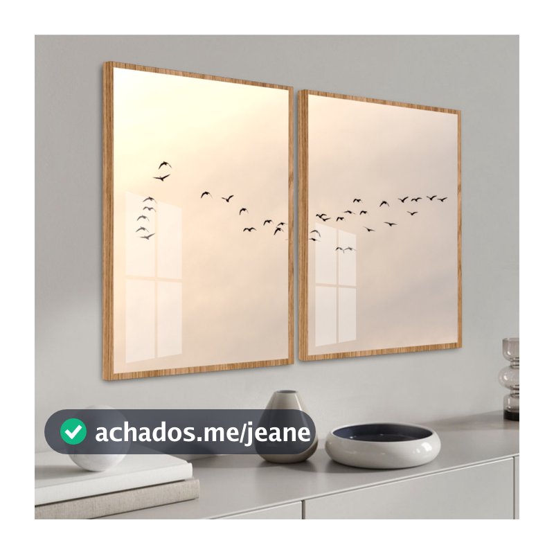 Quadro Moldura e Vidro Kit Duas Peças Aves Céu Pássaros Voando Decoração Quarto Sala Escritório