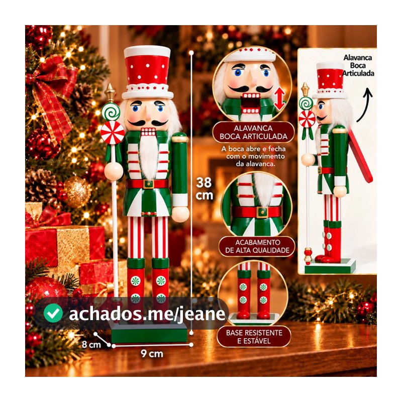 Boneco Quebra Nozes Grande 38cm Soldado Madeira Verde Vermelho Enfeite Natalino Casa Escritório Decoração Árvore Natal