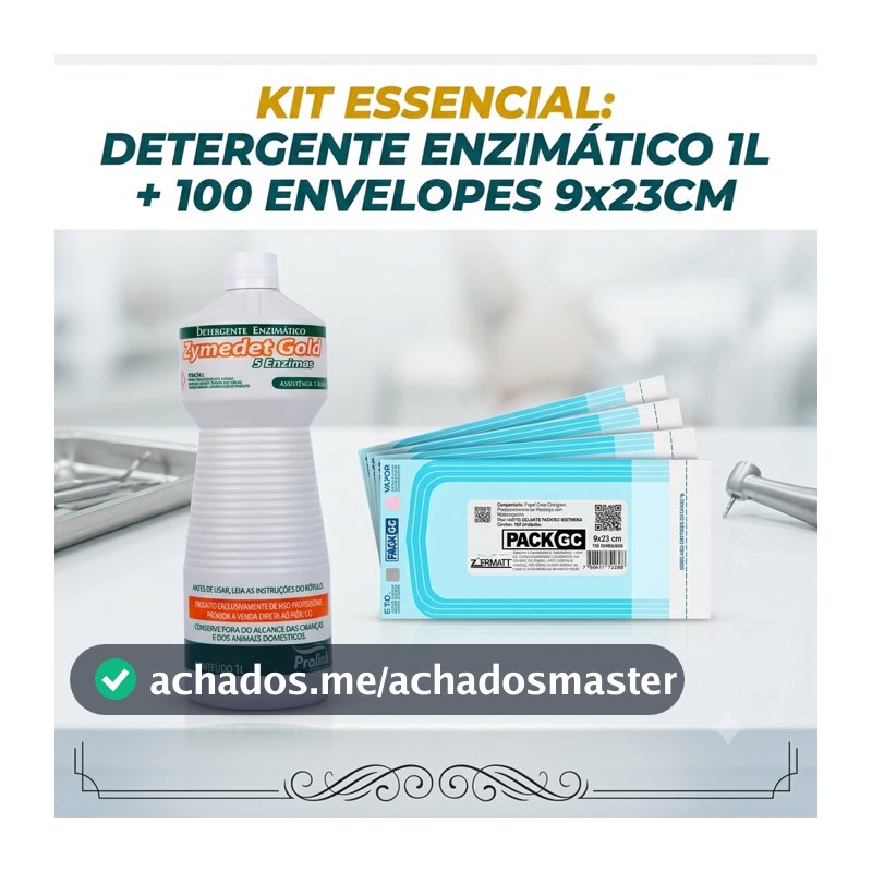 Kit Detergente Enzimático 1L + 100 Envelope Para Esterilização 9x23cm Manicure Odonto Instrumental