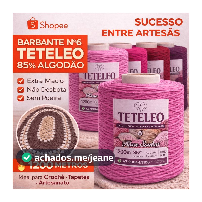 Barbante para Crochê nº6 Colorido Teteleo | Fio Premium para Tricô e Artesanato Sem Poeira Antialérgico 400 Metros
